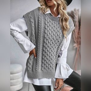 New Chic Cable Knit Sleeveless Sweater Vest Top Gray